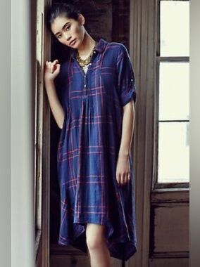 Anthropologie Isabella Sinclair Plaid Shirt Dress Navy Red Cotton Midi M
